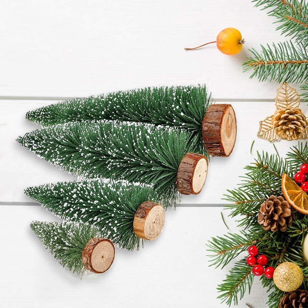 SUMKIA LIFE Miniature Christmas Tree, Mini Ornaments Tabletop Trees, miniture snowing pin trees with Wooden Bases FOR Xmas Holiday Party Home Decor (4PCS)