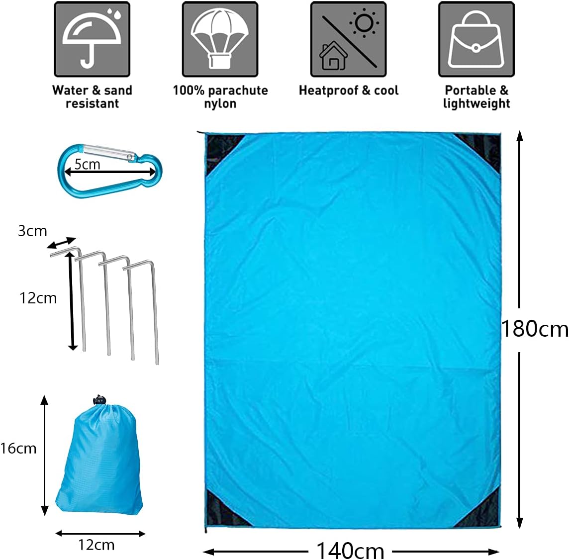 SUMKIA LIFE Beach Blanket, Outdoor Nylon Picnic Blanket, Waterproof Sand-Proof Portable Beach Mat Perfect for Picnic, Beach, Travel, Hiking & Grassland (Light Blue, 140 * 180 cm)