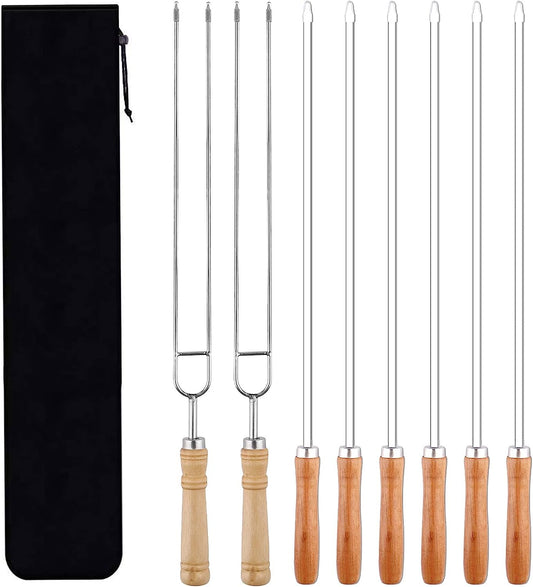 Skewers for Grilling, Stainless Steel BBQ Sticks with Wooden Handle 16 inch Kabob Skewer with Campfire Roasting Bag, 8 PCS (Wooden)