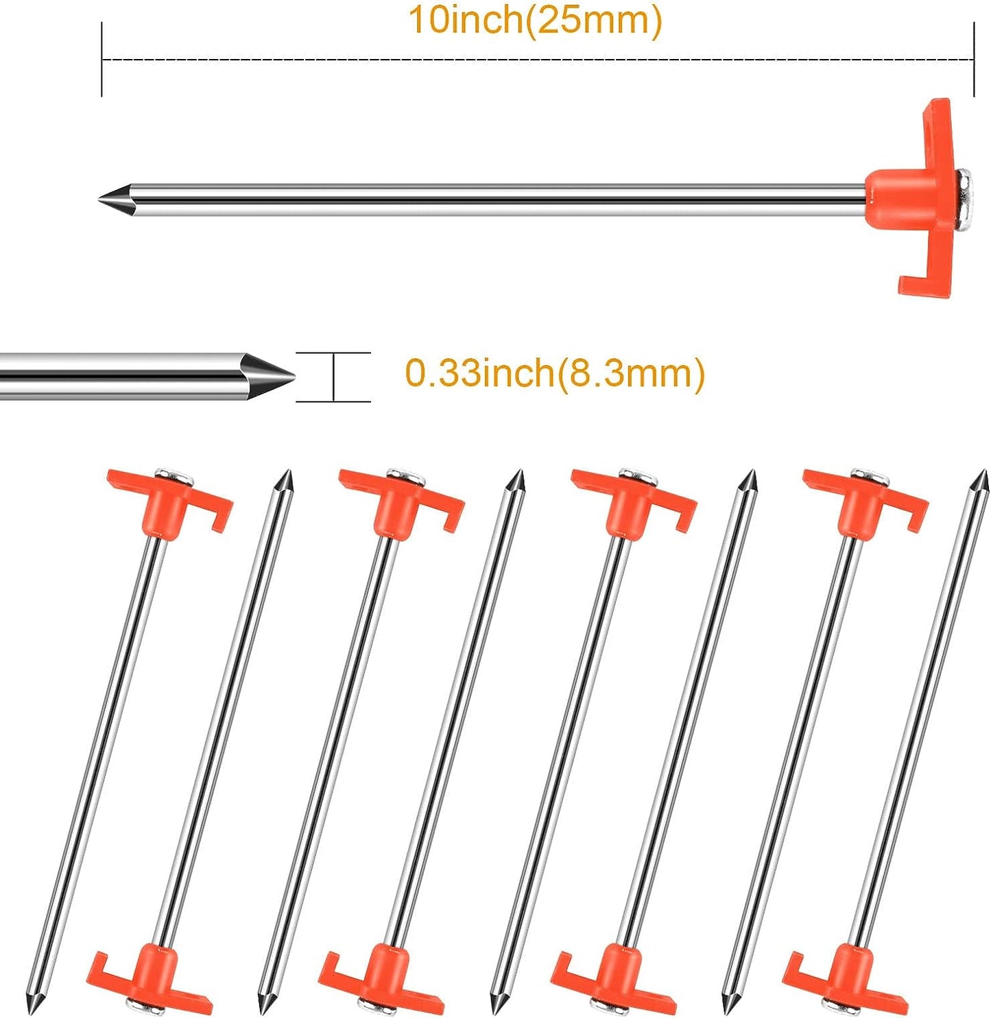 Tent Stakes Heavy Duty Tent Nail Camping Stakes,Tent pegs for Pop Up Canopy, Ground, Garden, 10" Galvanized Steel Stakes 8pc-Pack (Orange)