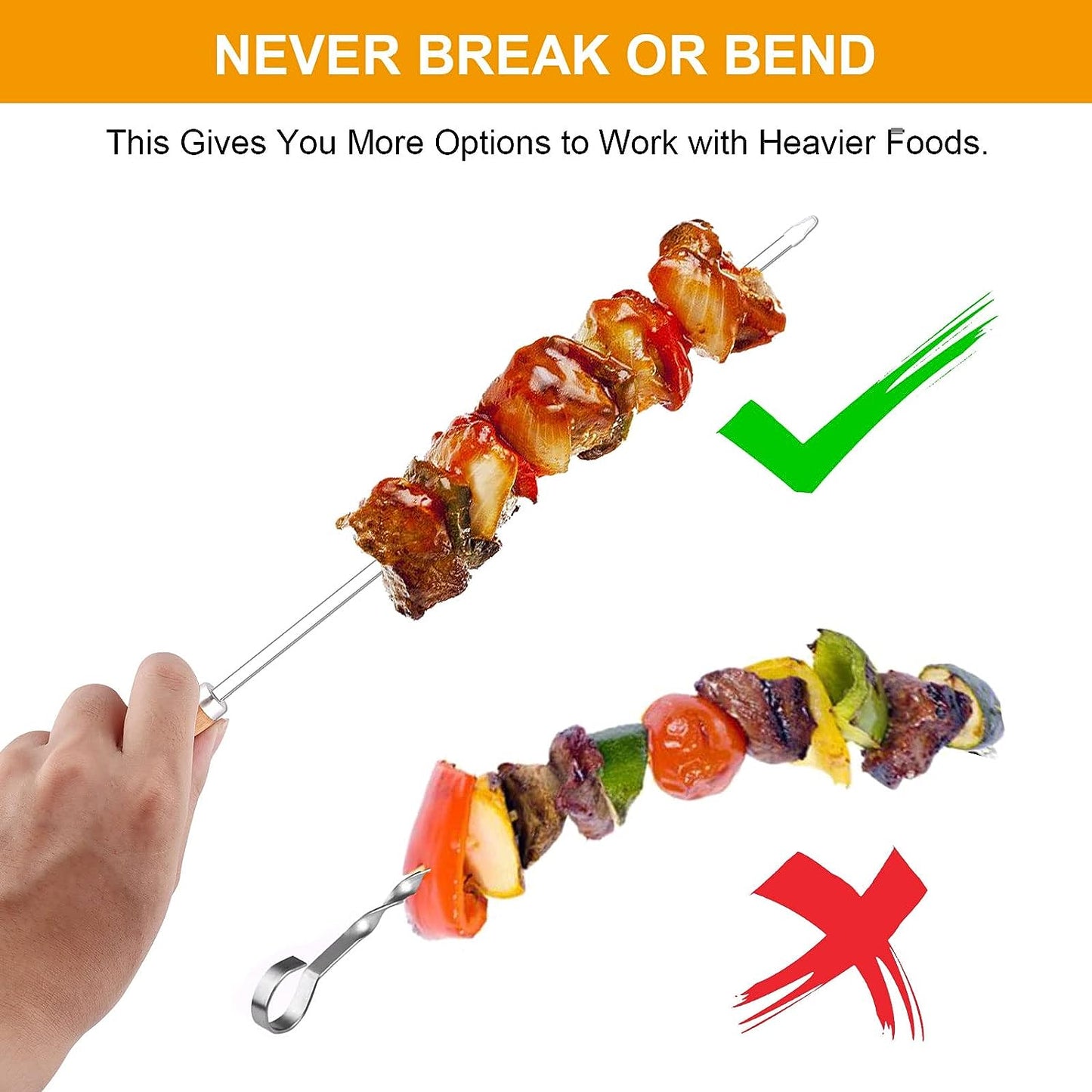 Skewers for Grilling, Stainless Steel BBQ Sticks with Wooden Handle 16 inch Kabob Skewer with Campfire Roasting Bag, 8 PCS (Wooden)