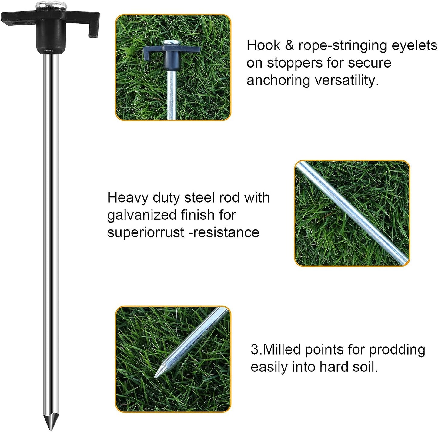 Large Tent Peg, Heavy Duty Storm Proof Rust Proof Tent Pegs – Galvanized Steel Hard Ground Anchors, 8pc, 25cm, Ideal for Rocky Ground (Black)
