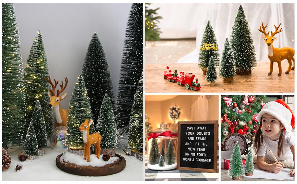 Mini Weihnachts Baum, 4 stück Miniatur Künstlicher Weihnachtsbaum, Sisal-Schnee Frostbäume mit Holzbasen für Tischdeko, DIY, Schaufenster, Figuren 10/15/20/25 cm (Grün)