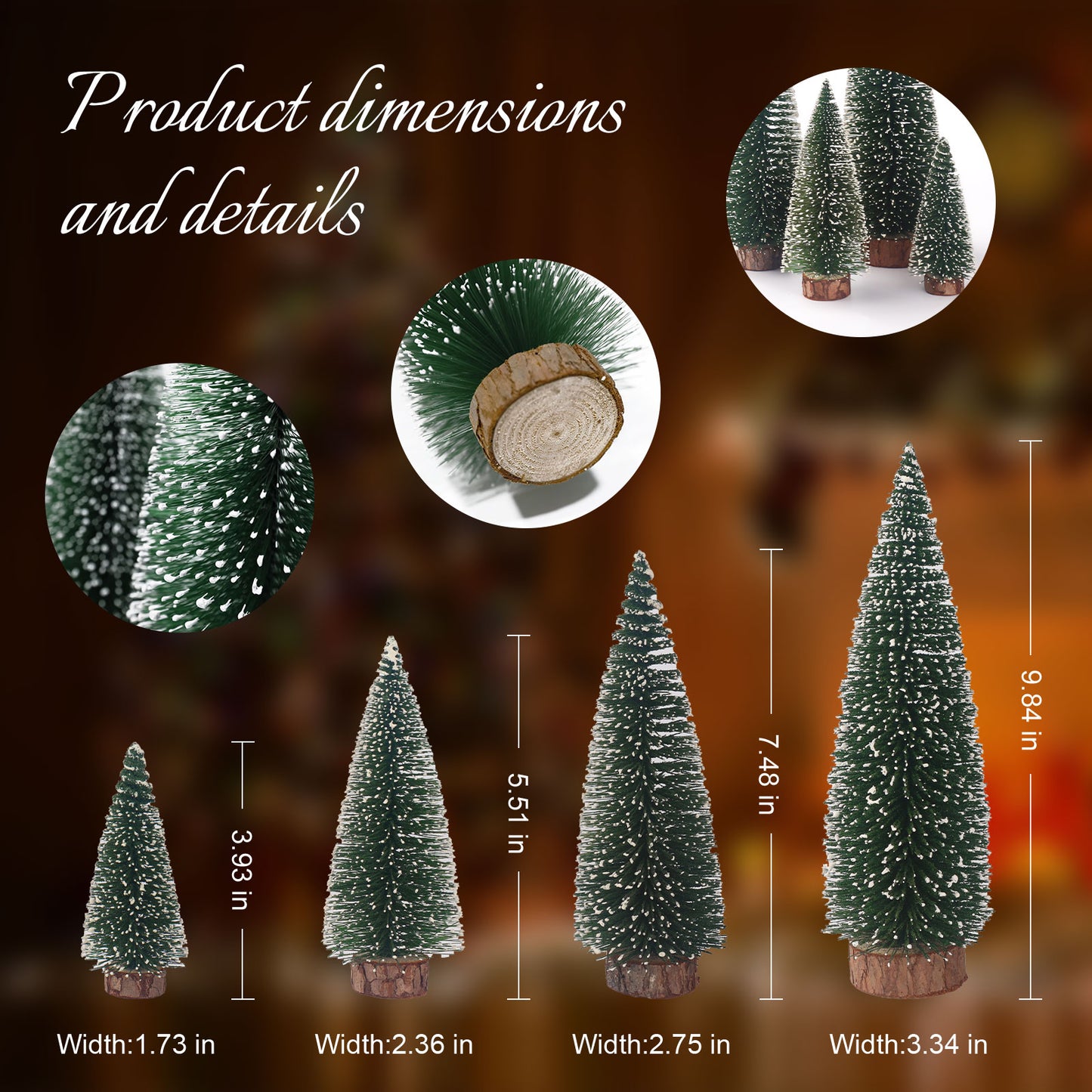 Mini Weihnachts Baum, 4 stück Miniatur Künstlicher Weihnachtsbaum, Sisal-Schnee Frostbäume mit Holzbasen für Tischdeko, DIY, Schaufenster, Figuren 10/15/20/25 cm (Grün)