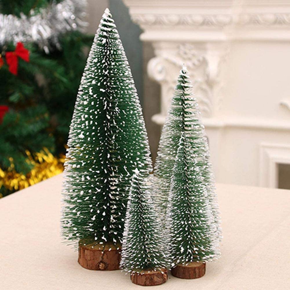 Mini Weihnachts Baum, 4 stück Miniatur Künstlicher Weihnachtsbaum, Sisal-Schnee Frostbäume mit Holzbasen für Tischdeko, DIY, Schaufenster, Figuren 10/15/20/25 cm (Grün)