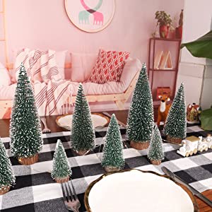 Mini Weihnachts Baum, 4 stück Miniatur Künstlicher Weihnachtsbaum, Sisal-Schnee Frostbäume mit Holzbasen für Tischdeko, DIY, Schaufenster, Figuren 10/15/20/25 cm (Grün)