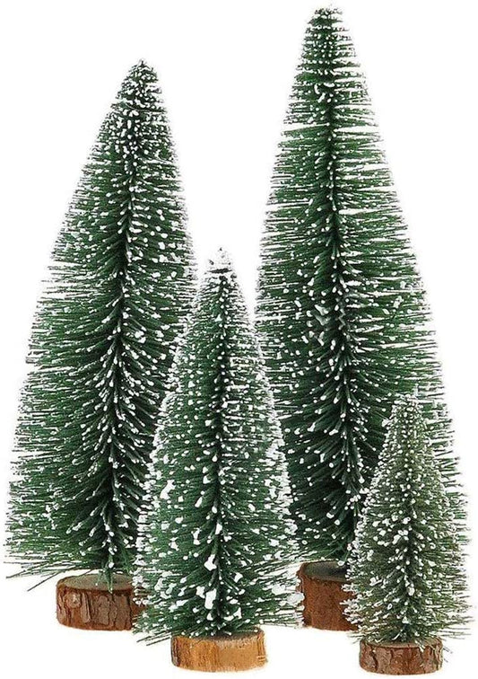 Mini Weihnachts Baum, 4 stück Miniatur Künstlicher Weihnachtsbaum, Sisal-Schnee Frostbäume mit Holzbasen für Tischdeko, DIY, Schaufenster, Figuren 10/15/20/25 cm (Grün)