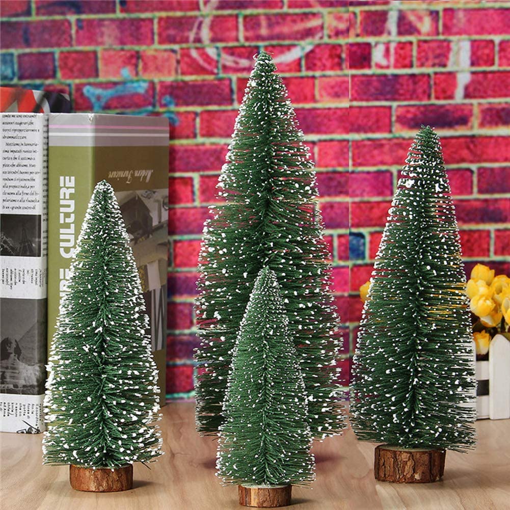 Mini Weihnachts Baum, 4 stück Miniatur Künstlicher Weihnachtsbaum, Sisal-Schnee Frostbäume mit Holzbasen für Tischdeko, DIY, Schaufenster, Figuren 10/15/20/25 cm (Grün)