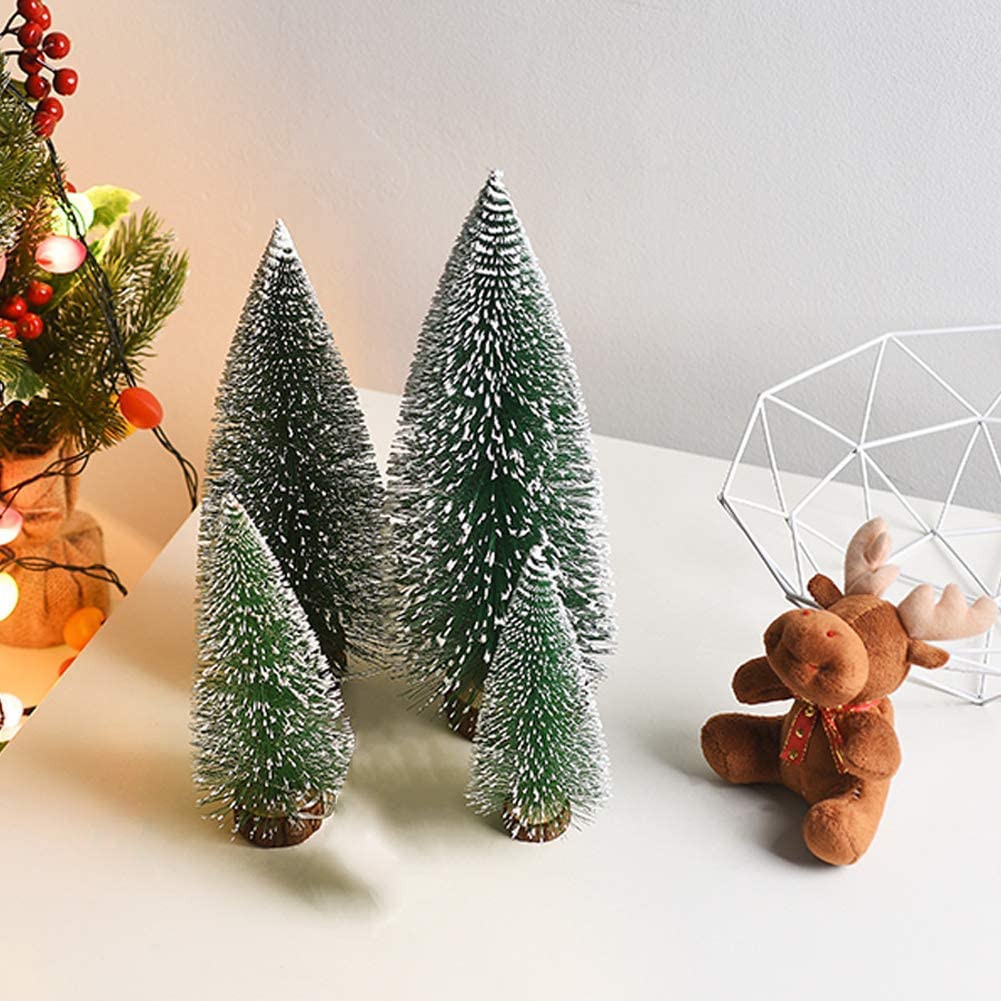 Mini Weihnachts Baum, 4 stück Miniatur Künstlicher Weihnachtsbaum, Sisal-Schnee Frostbäume mit Holzbasen für Tischdeko, DIY, Schaufenster, Figuren 10/15/20/25 cm (Grün)