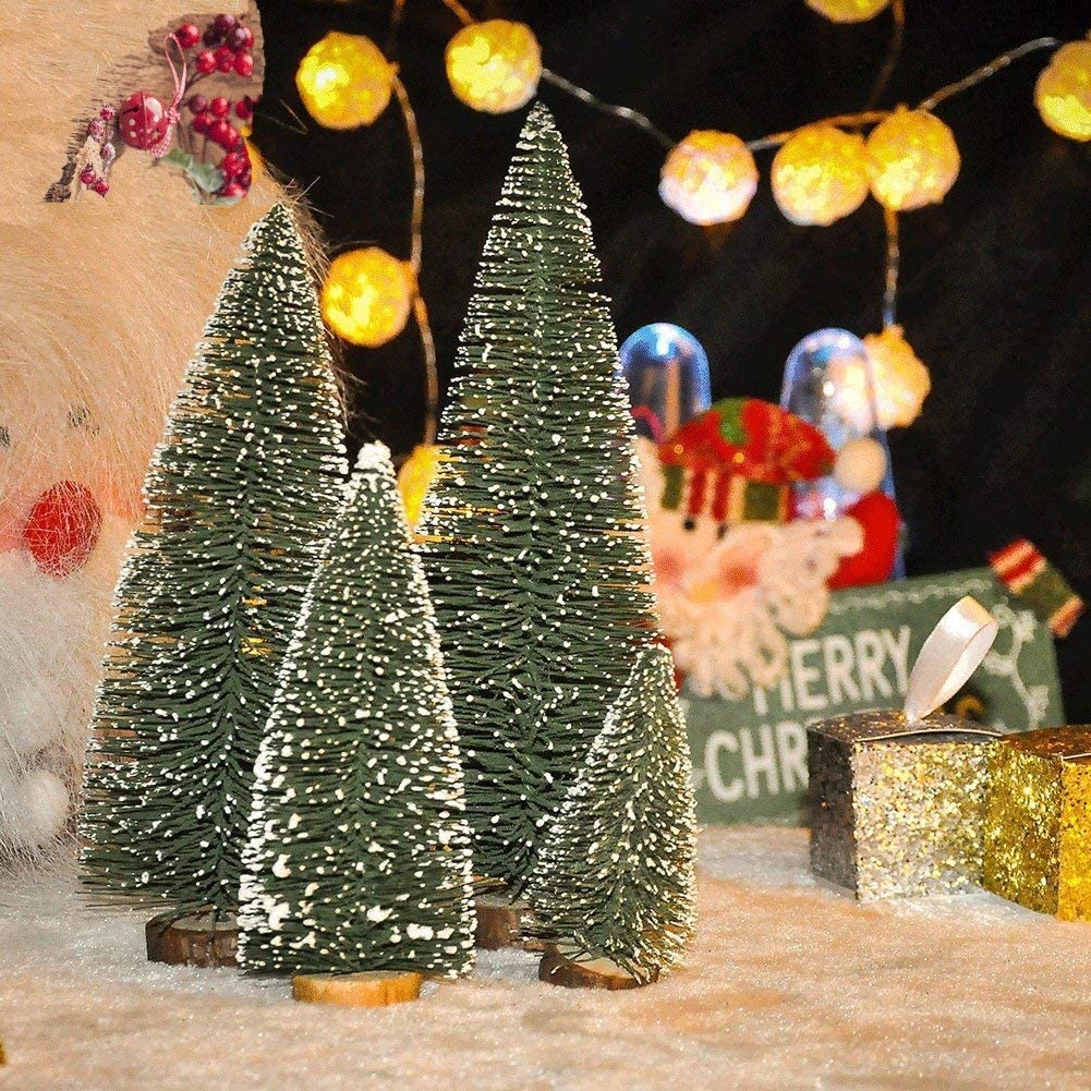 Mini Weihnachts Baum, 4 stück Miniatur Künstlicher Weihnachtsbaum, Sisal-Schnee Frostbäume mit Holzbasen für Tischdeko, DIY, Schaufenster, Figuren 10/15/20/25 cm (Grün)